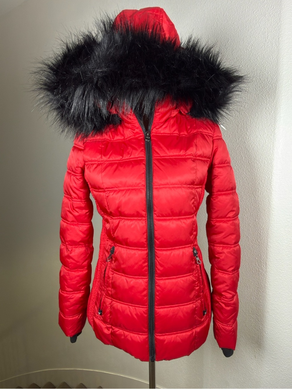 Nautica Red Quilted Puffer Jacket with Faux Fur Trim Hood